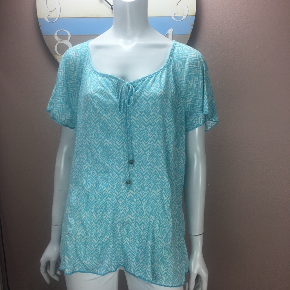 French laundry aqua blue & white short sleeve top Size XL